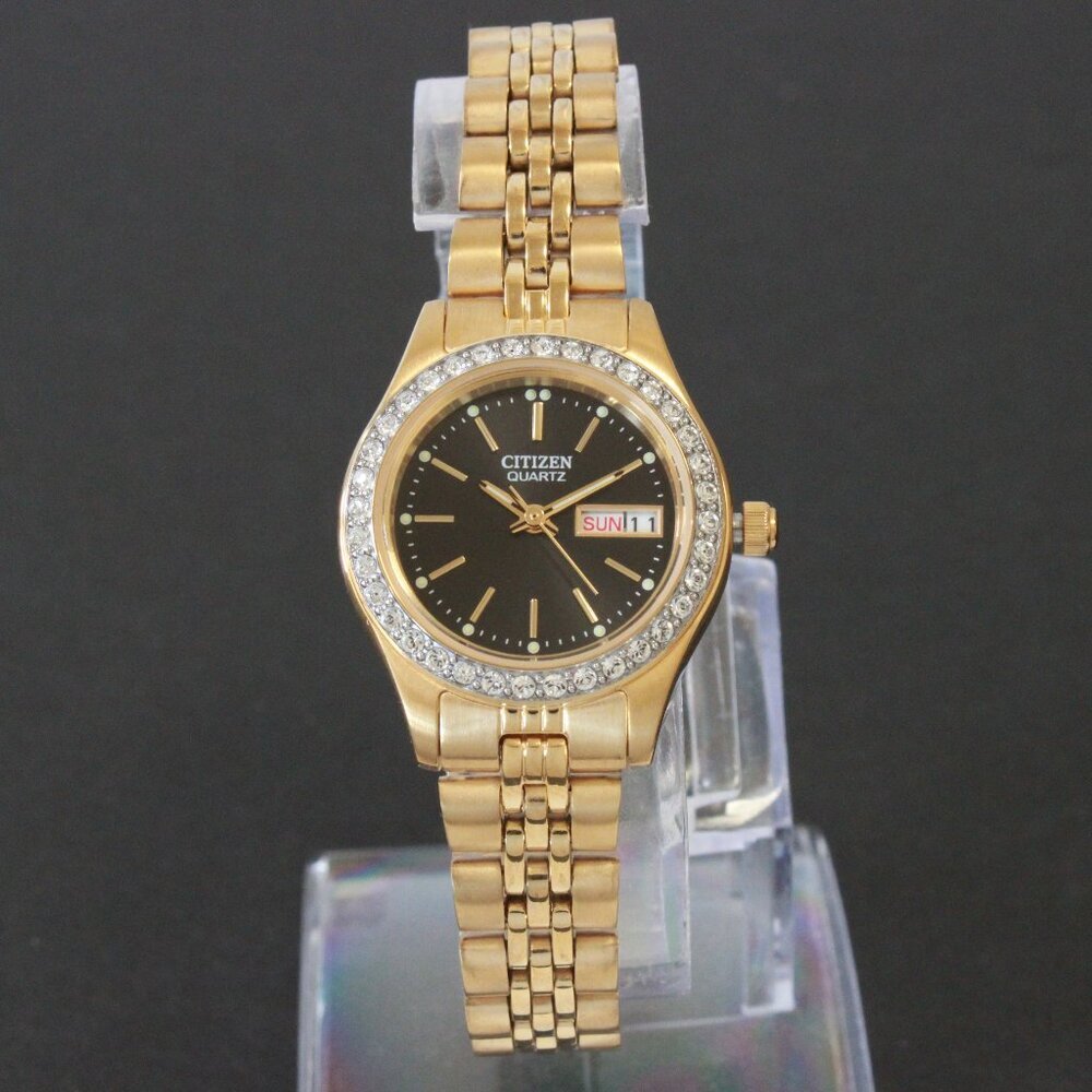 Citizen Ladies Classic Quartz Watch Crystal Bezel Gold Toone Black Dial 26mm - Picture 3 of 13